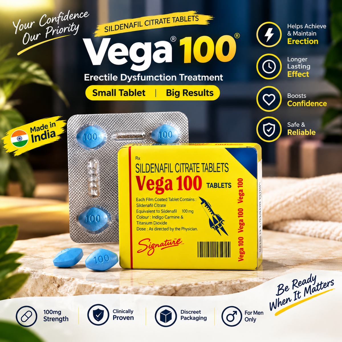 Vega 100 Sildenafil Citrate 100mg Tablets – Erectile Dysfunction Treatment